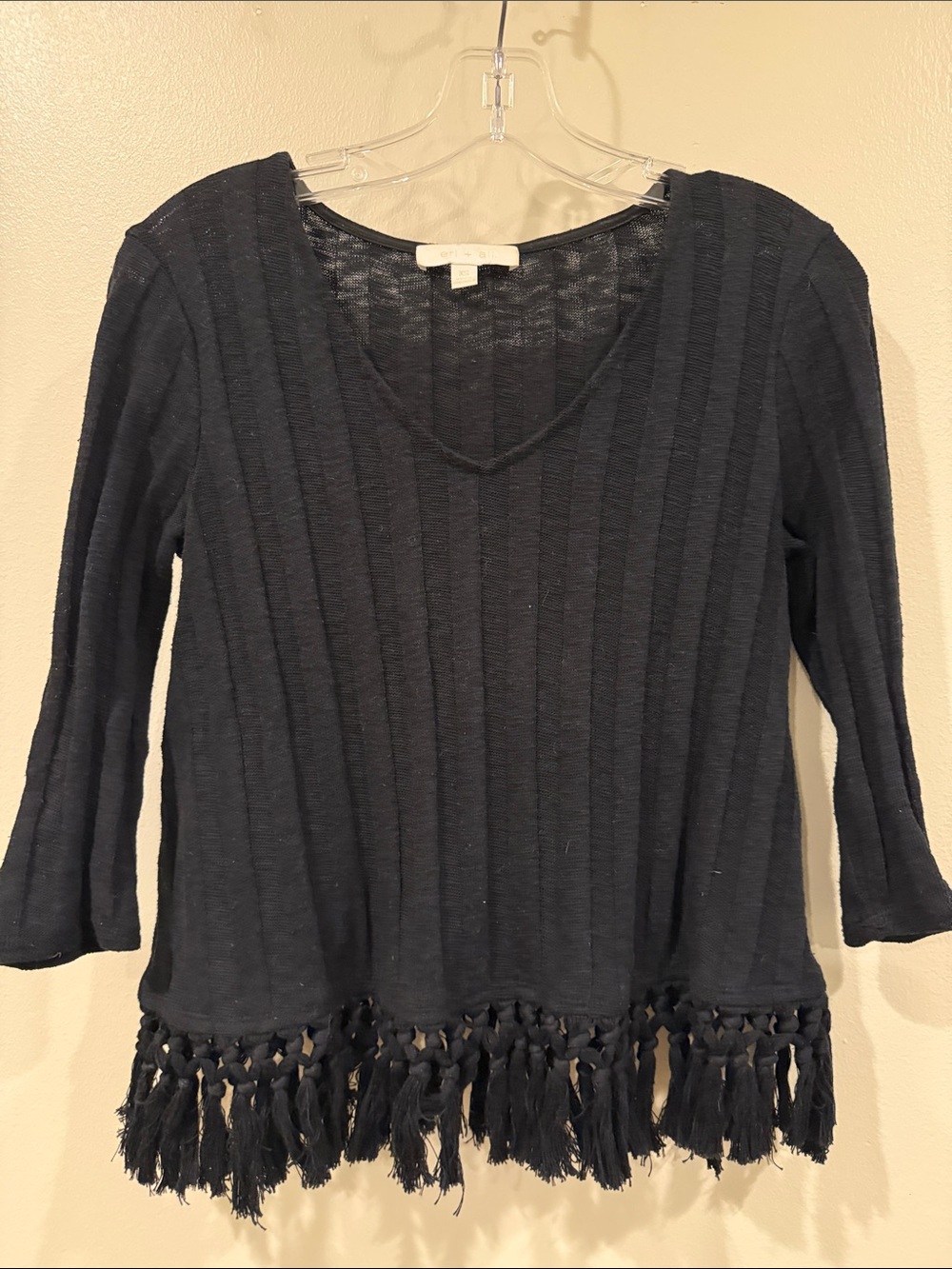 Women's Black V-Neck Ribbed Sweater with Fringe Hem from Anthropologie